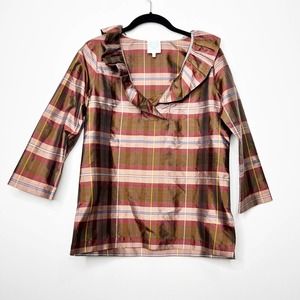 Devon Baer Silk Plaid Ruffle Collar Shirt Size Small